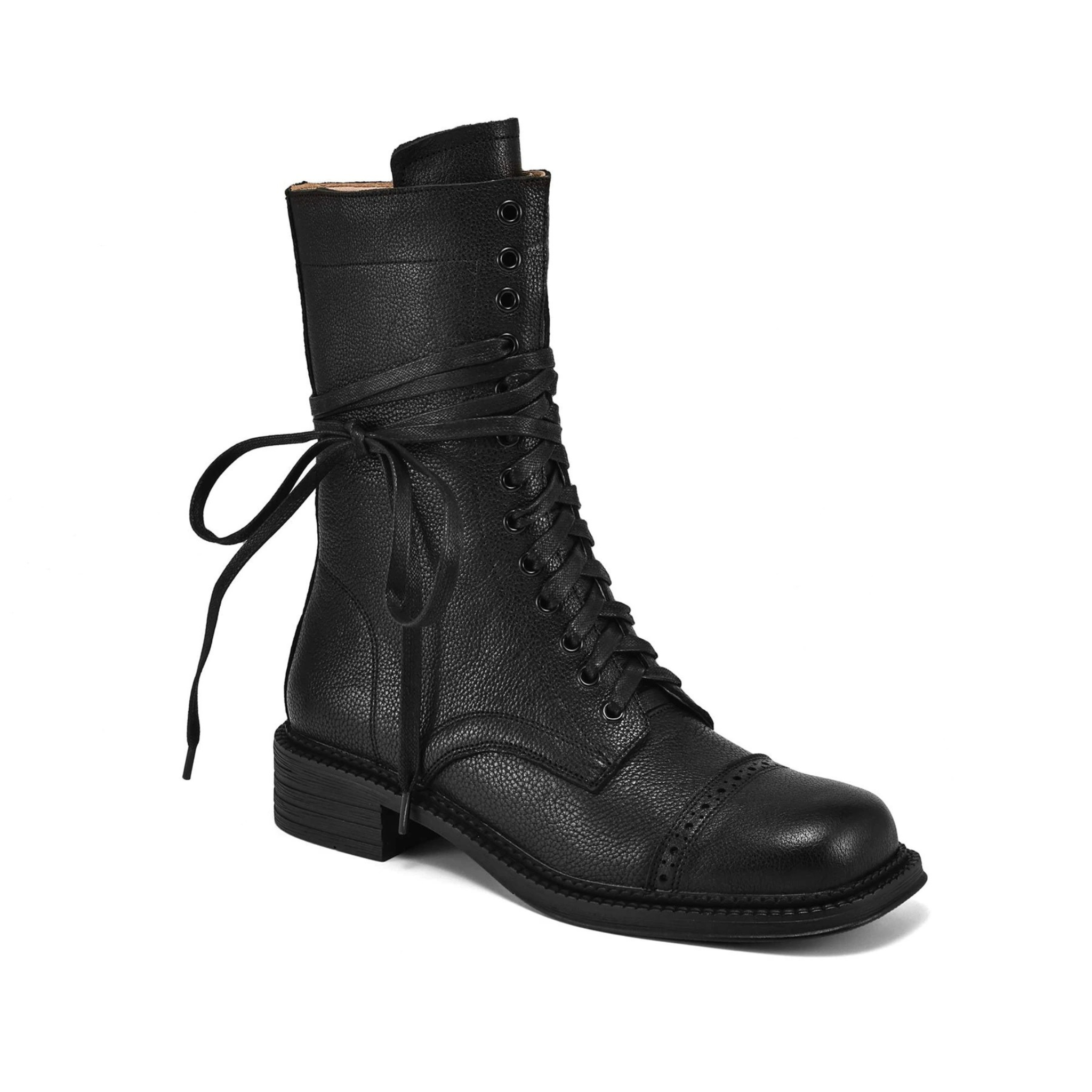 Bottines à lacet en cuir à talon rond – MARÉLIA