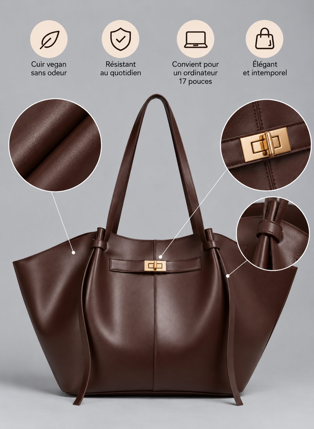 Sac à main de cours en cuir grande capacité Bordeaux - Diane
