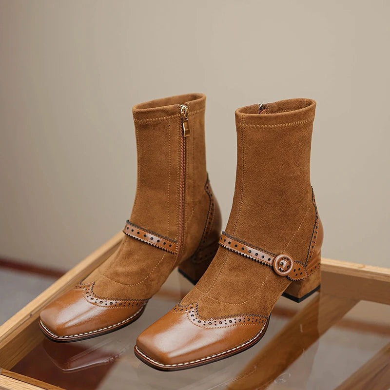 Bottines en cuir type chaussette à talon carré – CALISTA