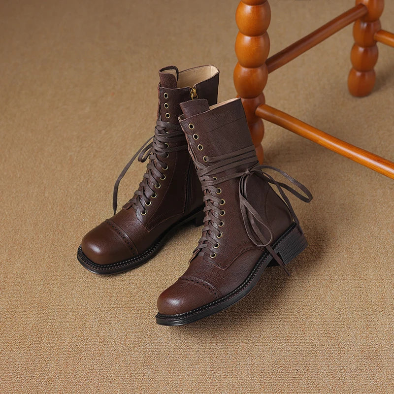 Bottines à lacet en cuir à talon rond – MARÉLIA