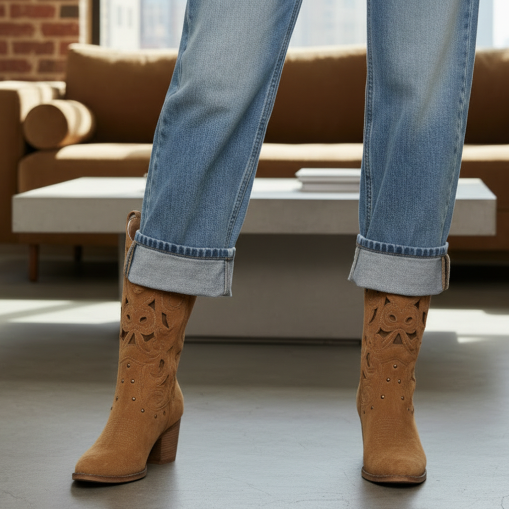 Santiags en daim vegan à talon plat bout pointu - LARÉNA