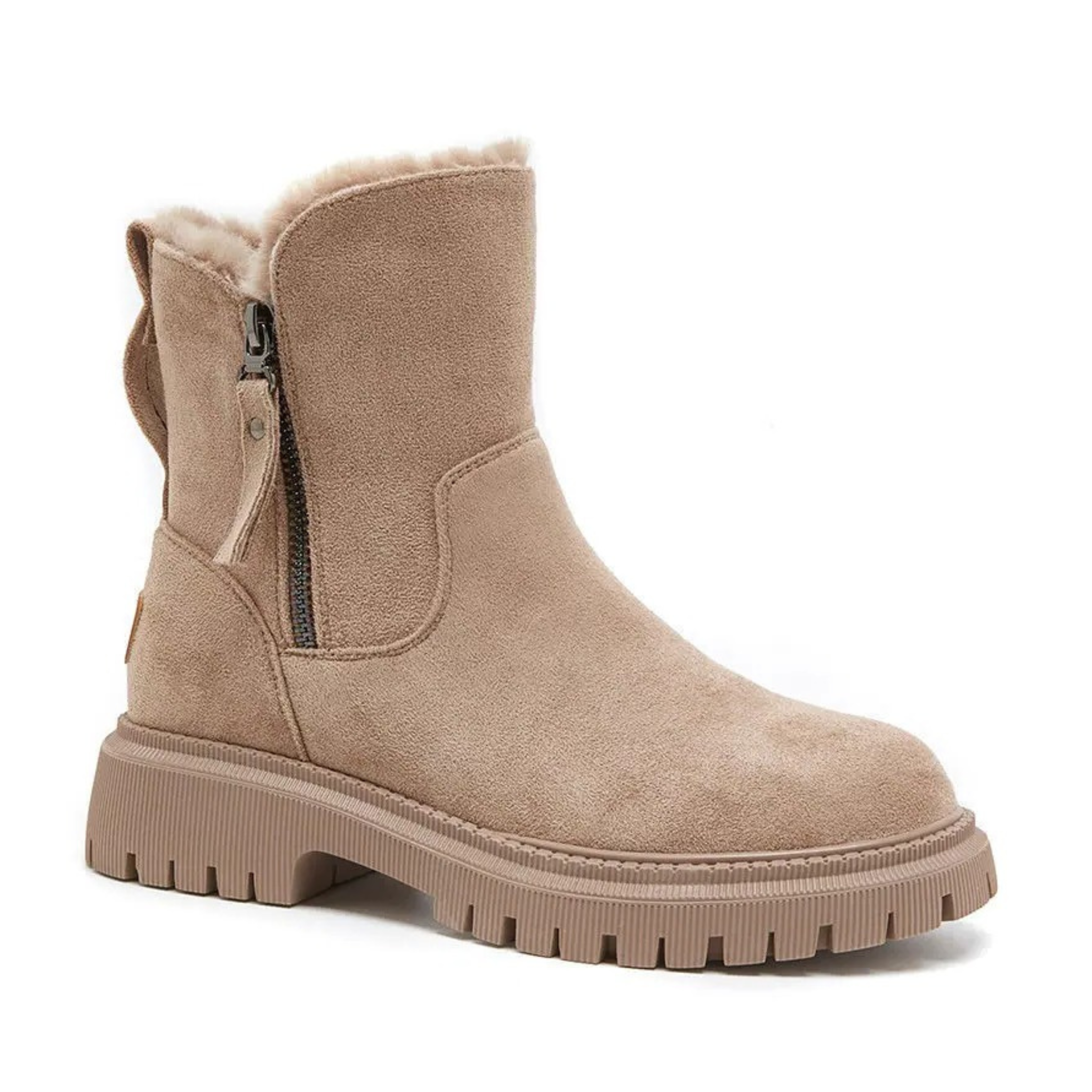 Bottines fourrées en daim vegan talon carré bout rond – LARIA