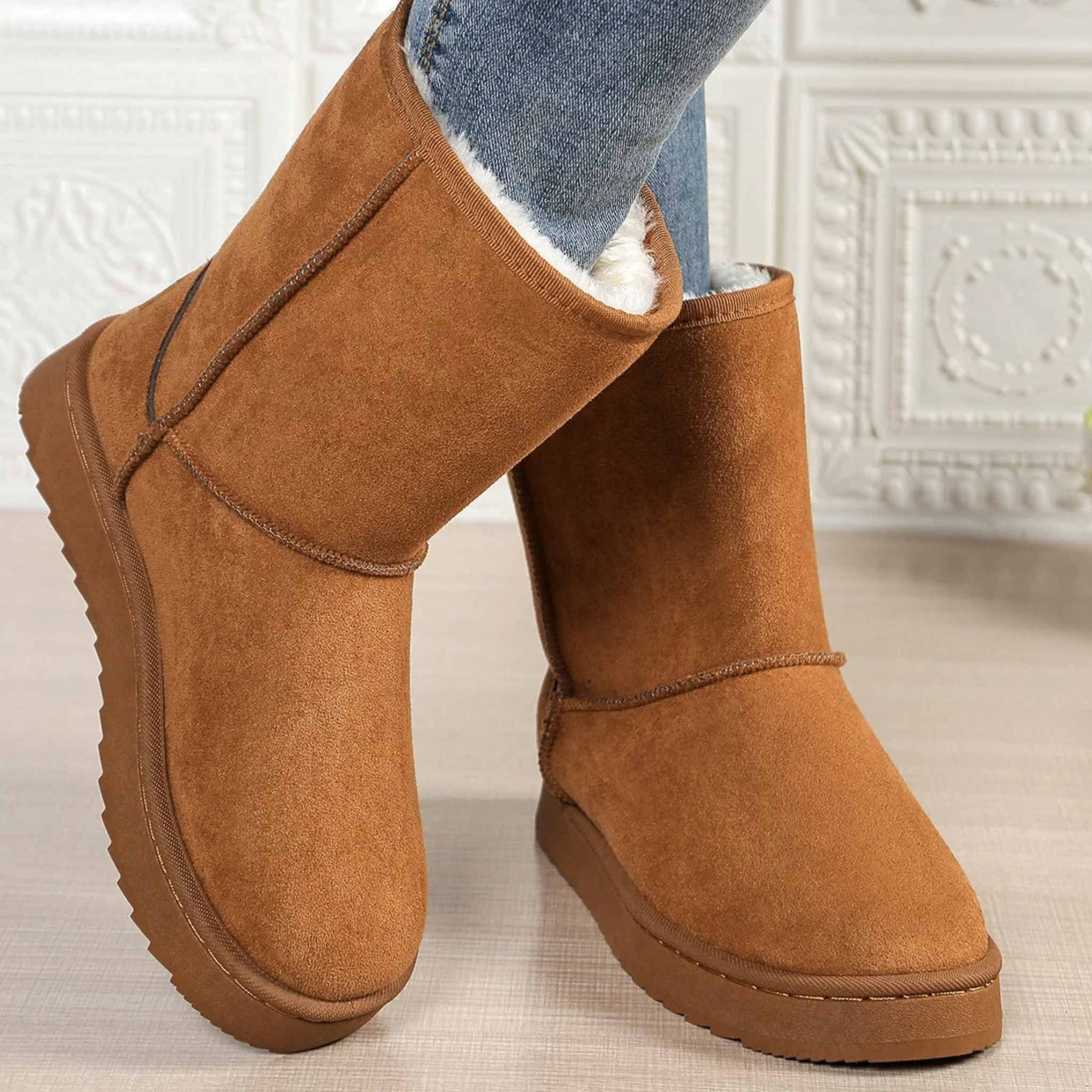 Bottines fourrées en daim vegan à talon plat bout rond – VÉLORA