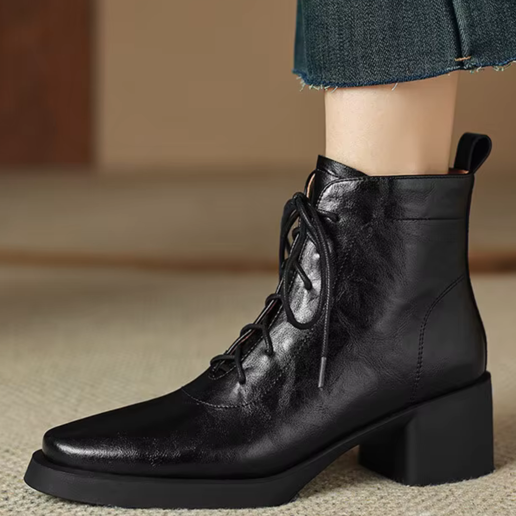 Bottines en cuir à lacet talon rond – VÉANA