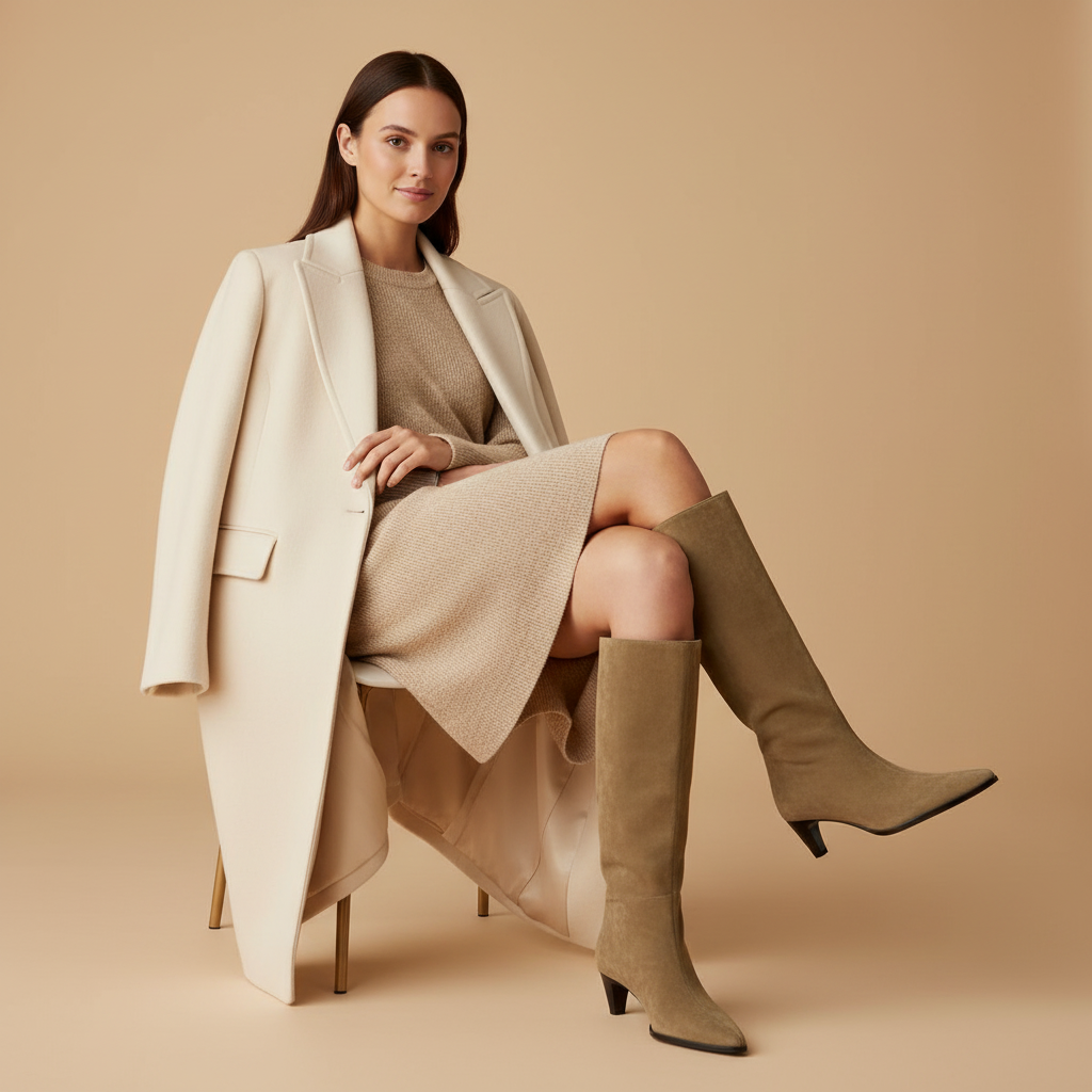 Bottes beiges - robe et manteau assise