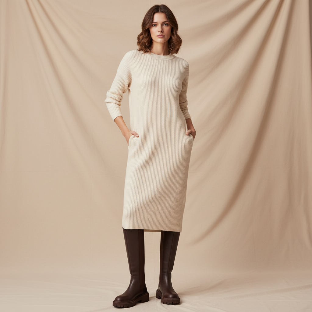 Bottes hautes marron - Look robe pull élégante