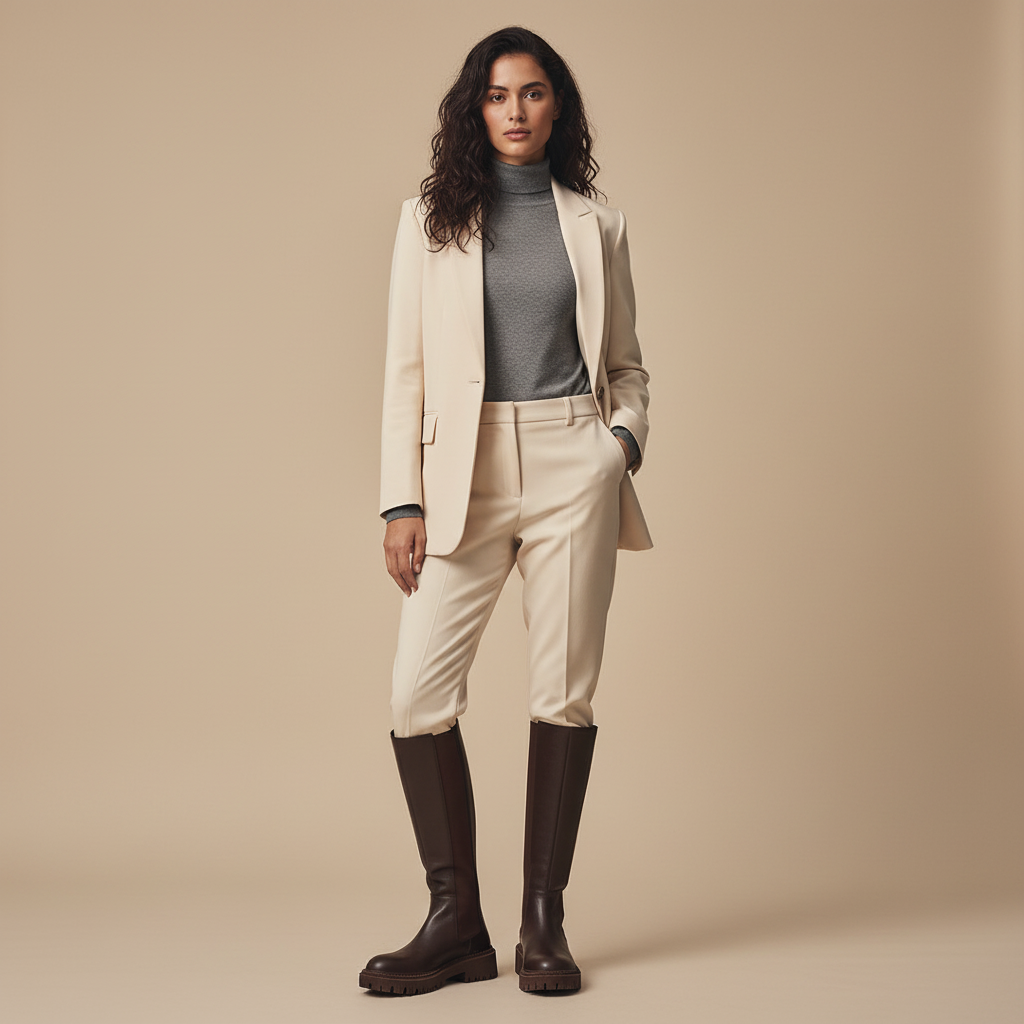 Bottes hautes marron - Look tailleur sophistiqué