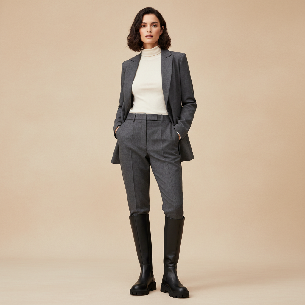 Bottes hautes noires - Look tailleur sophistiqué