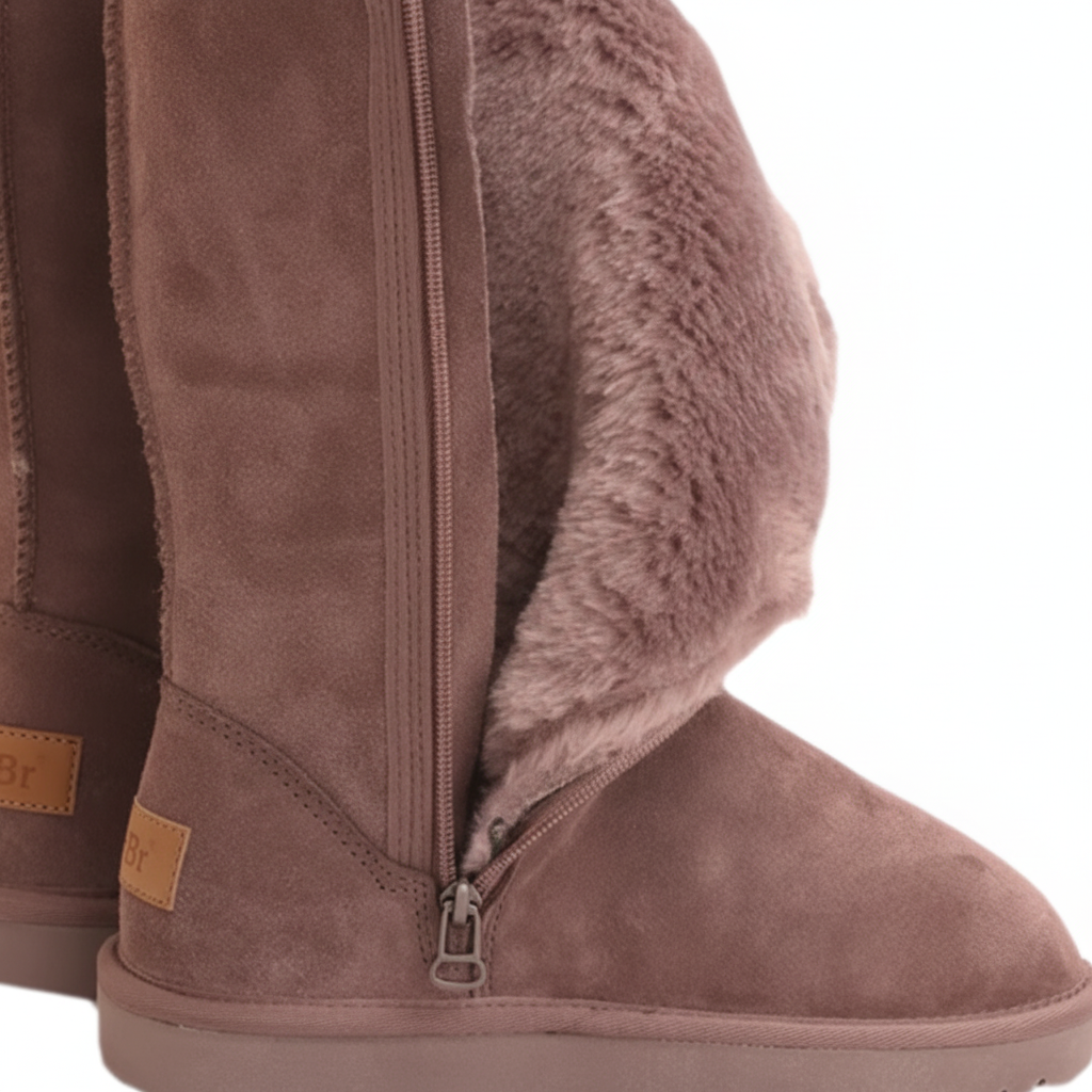 Bottes hautes taupe - détails zip et fourrure