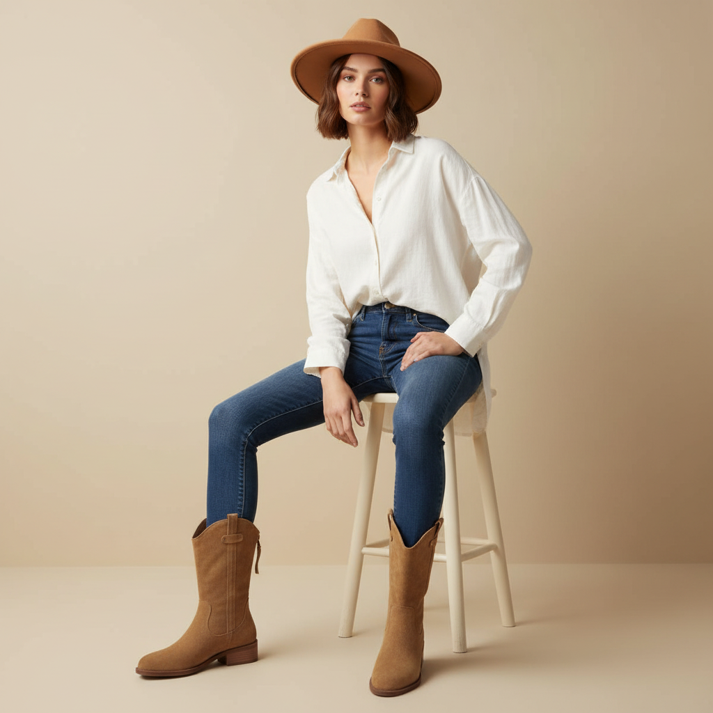 Bottes marron - femme assise