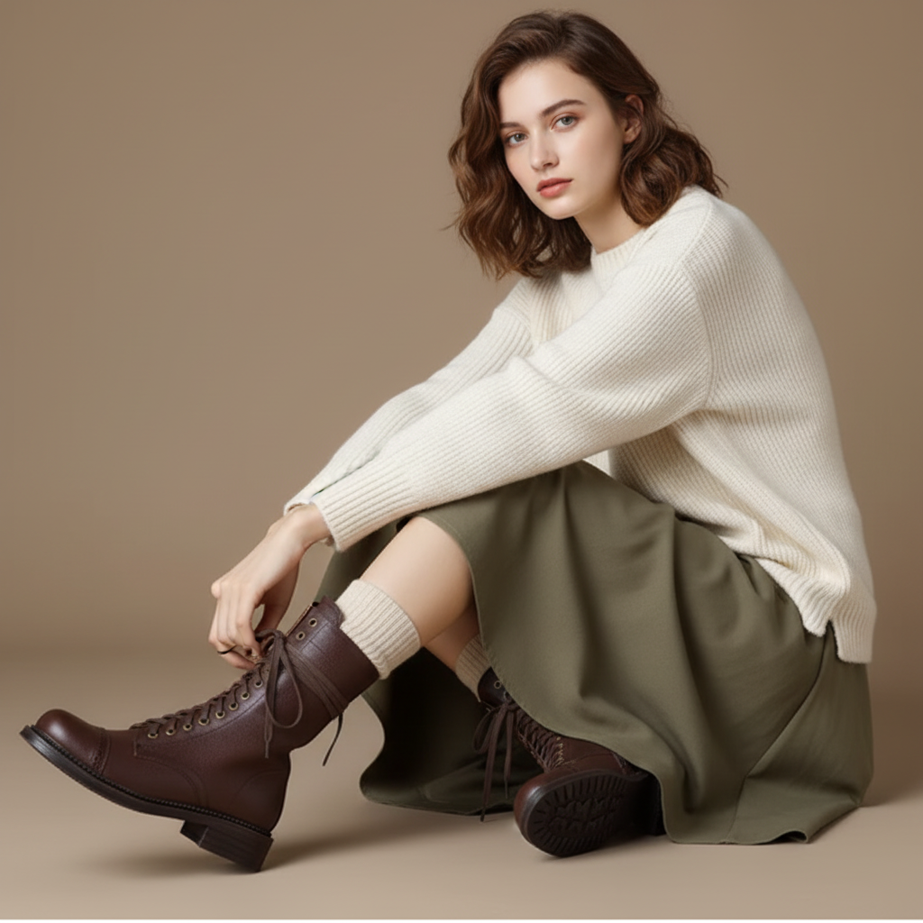 Bottes marron - femme assise