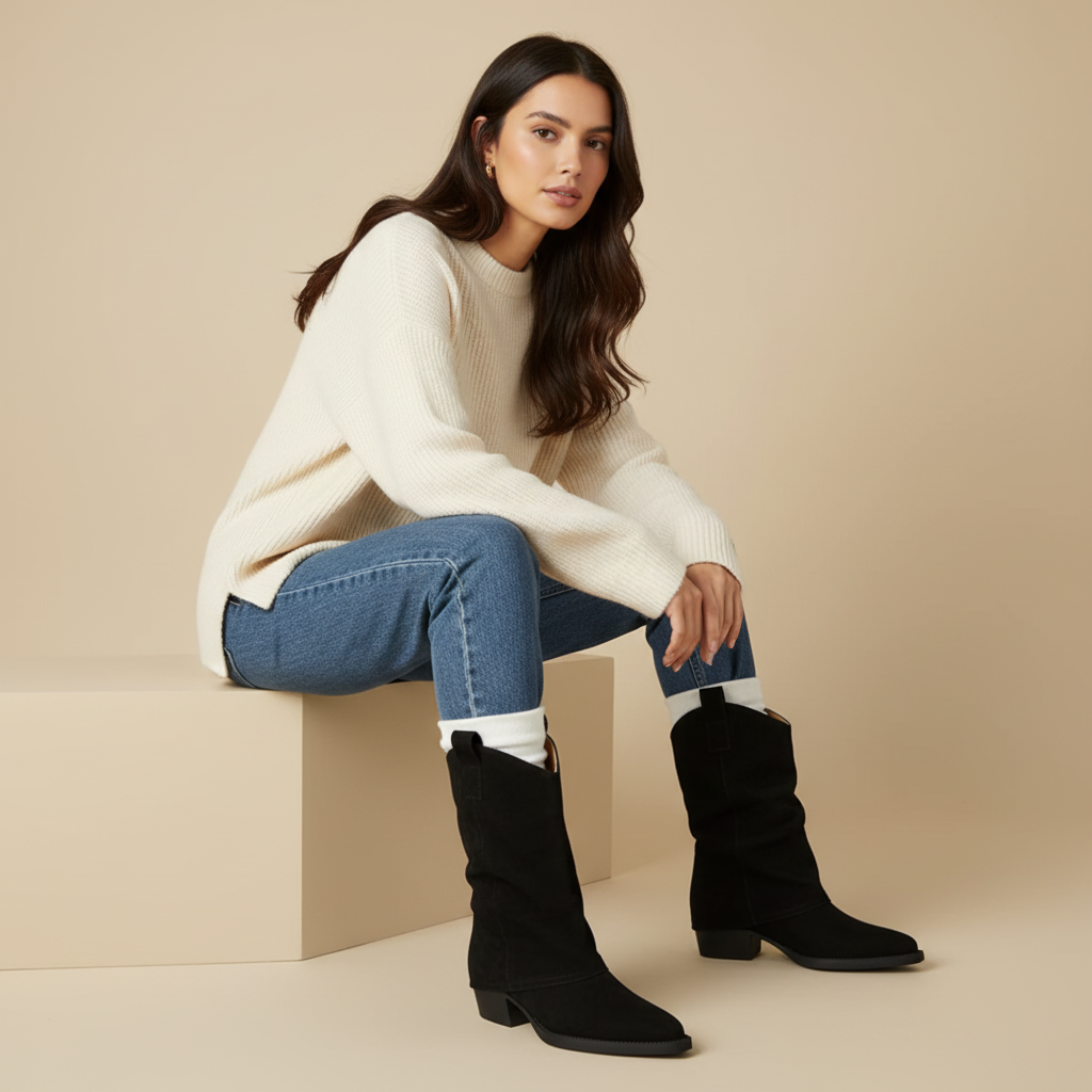 Bottes noires - femme assise