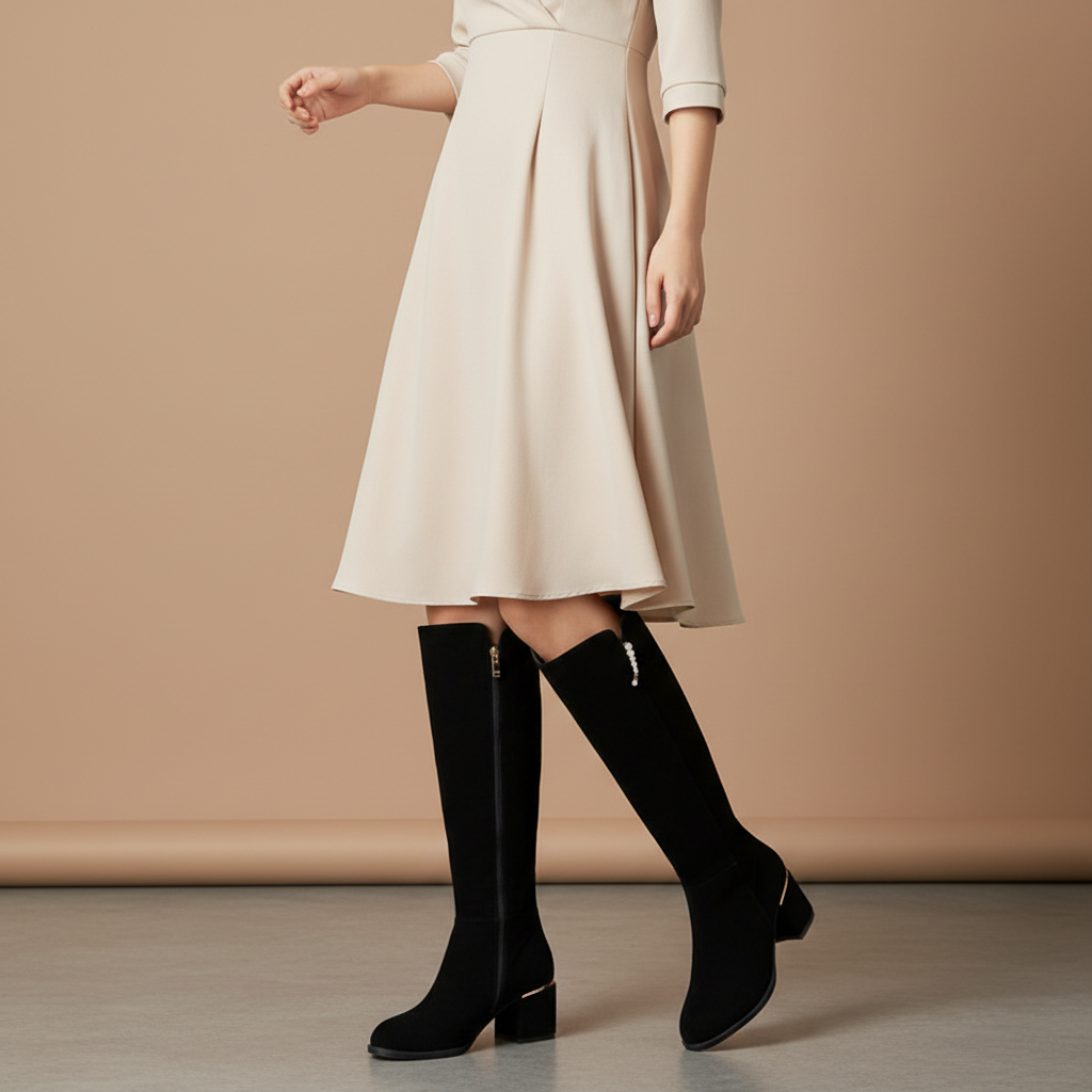 Bottes noires - Fond taupe en mouvement