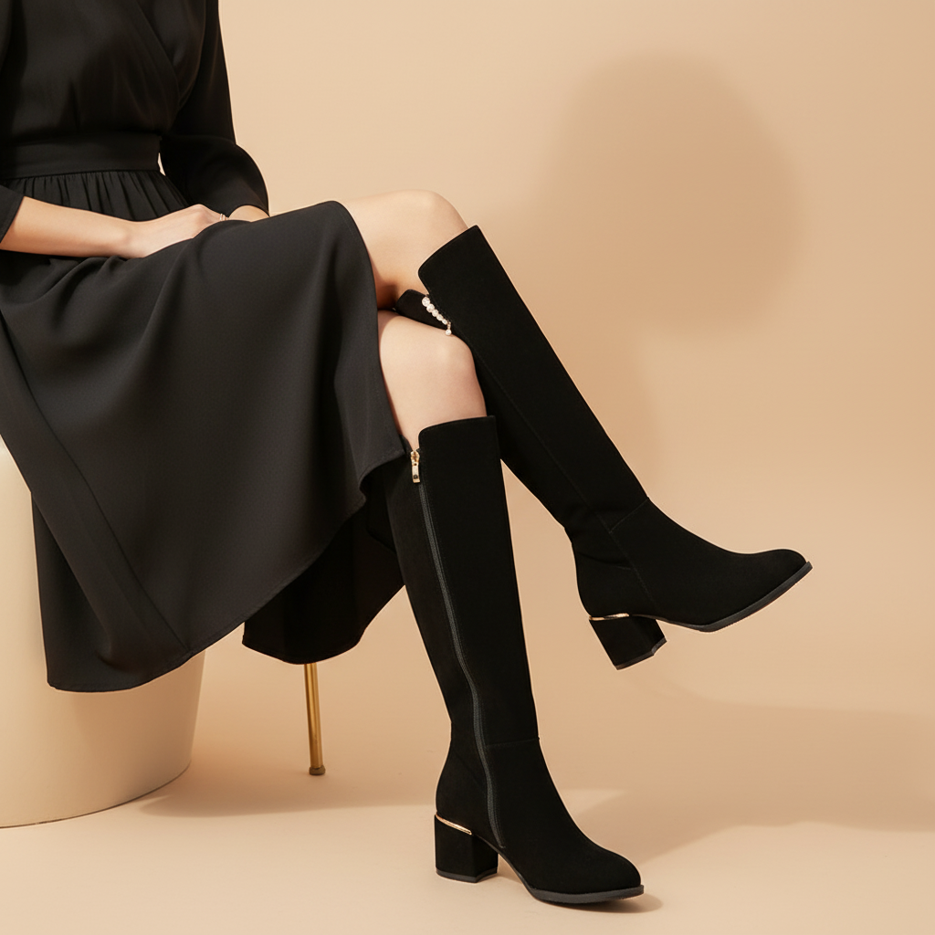 Bottes noires - Pose assise fond beige