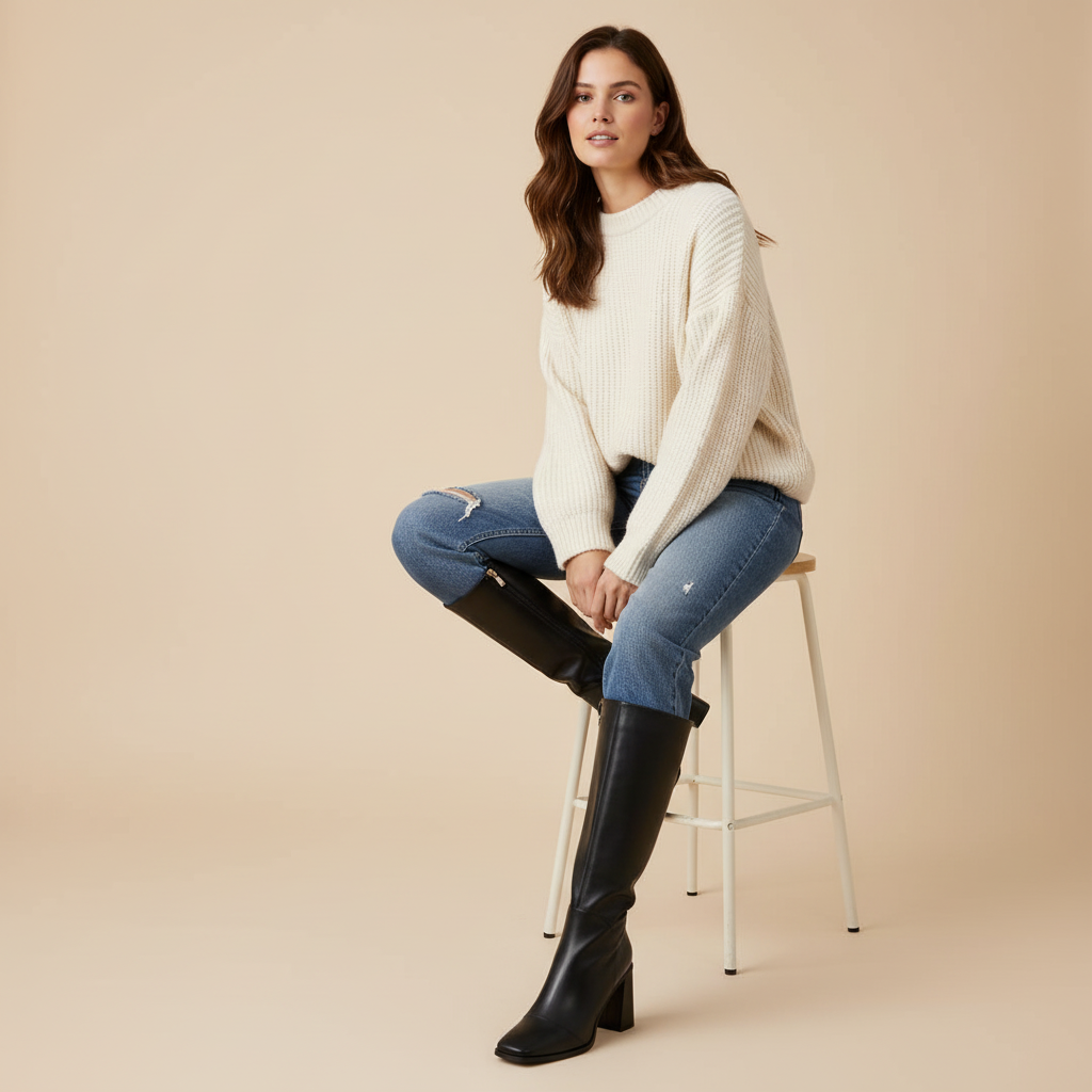 Bottes noires - pull et jean