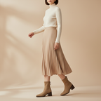 Bottines beige - Look jupe midi et col roulé