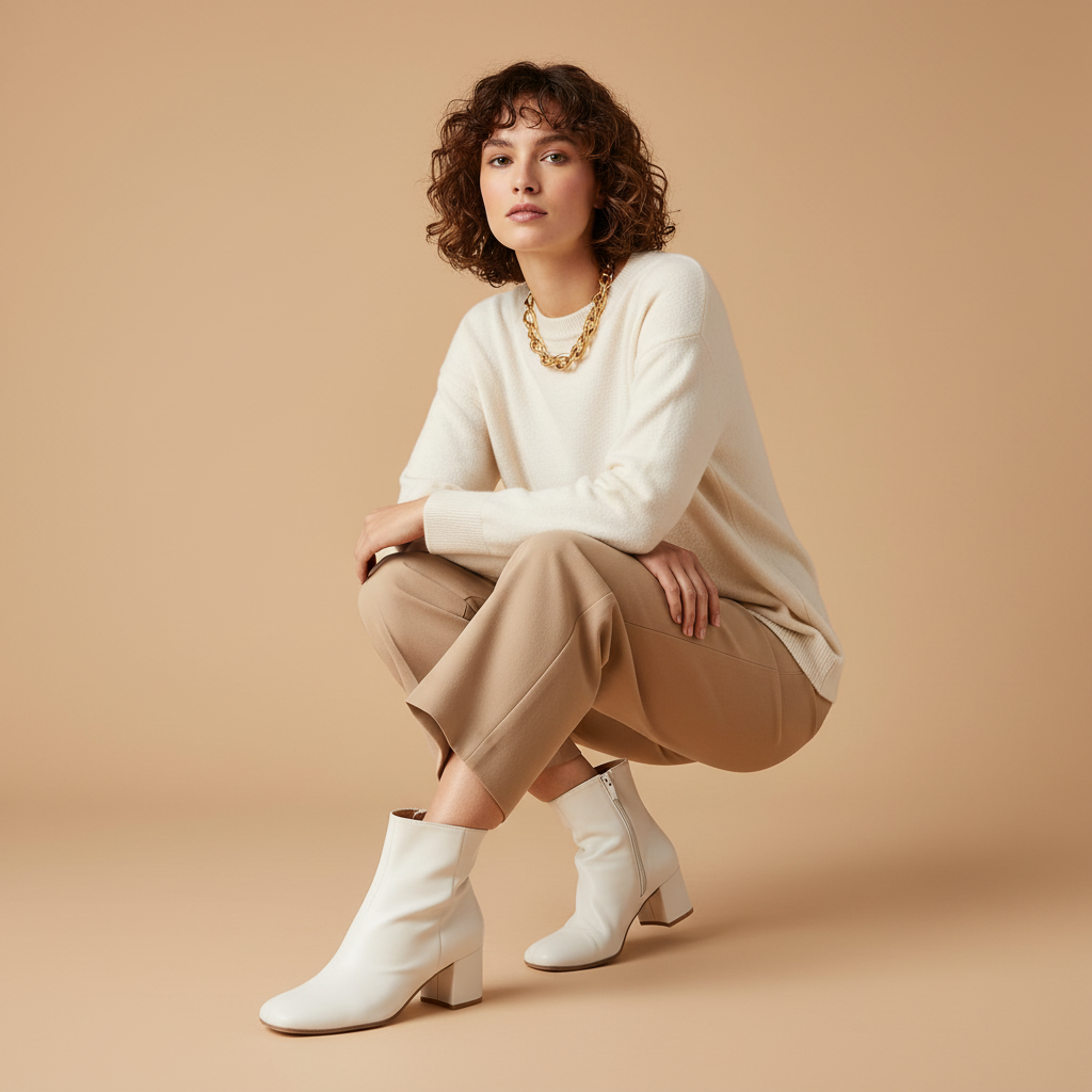 Bottines blanches - femme assise