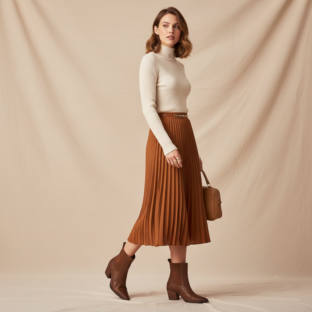 Bottines Chelsea marron - Look jupe midi et col roulé