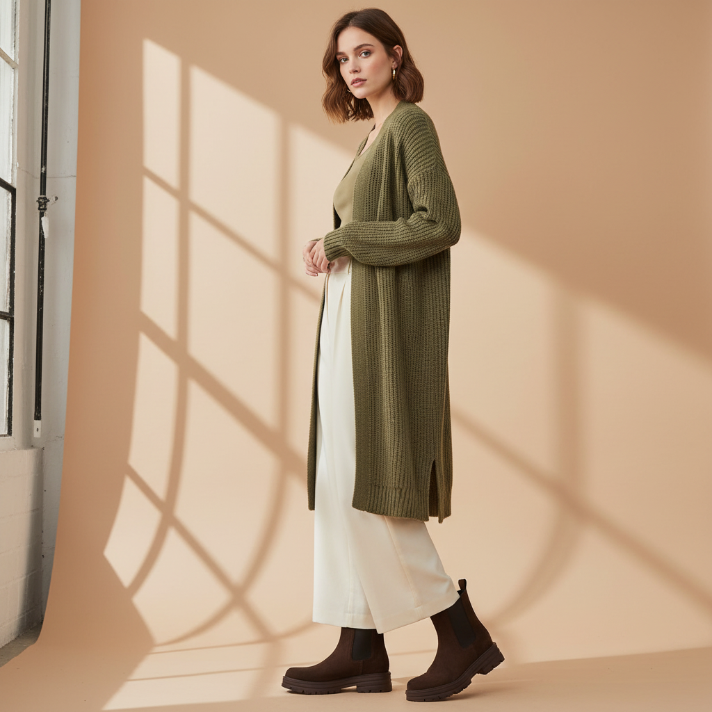 Bottines Chelsea marron - Look pantalon large et cardigan