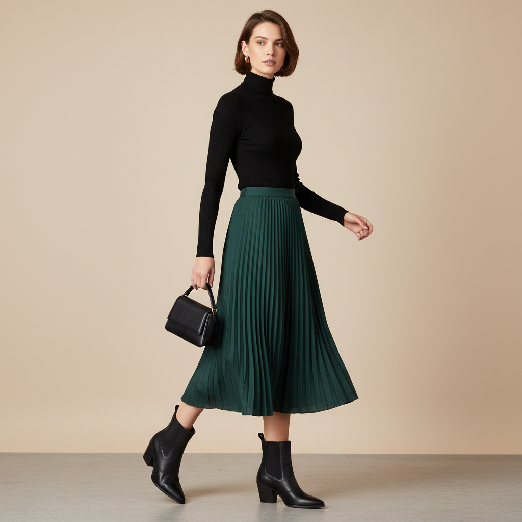 Bottines Chelsea noires - Look jupe midi et col roulé