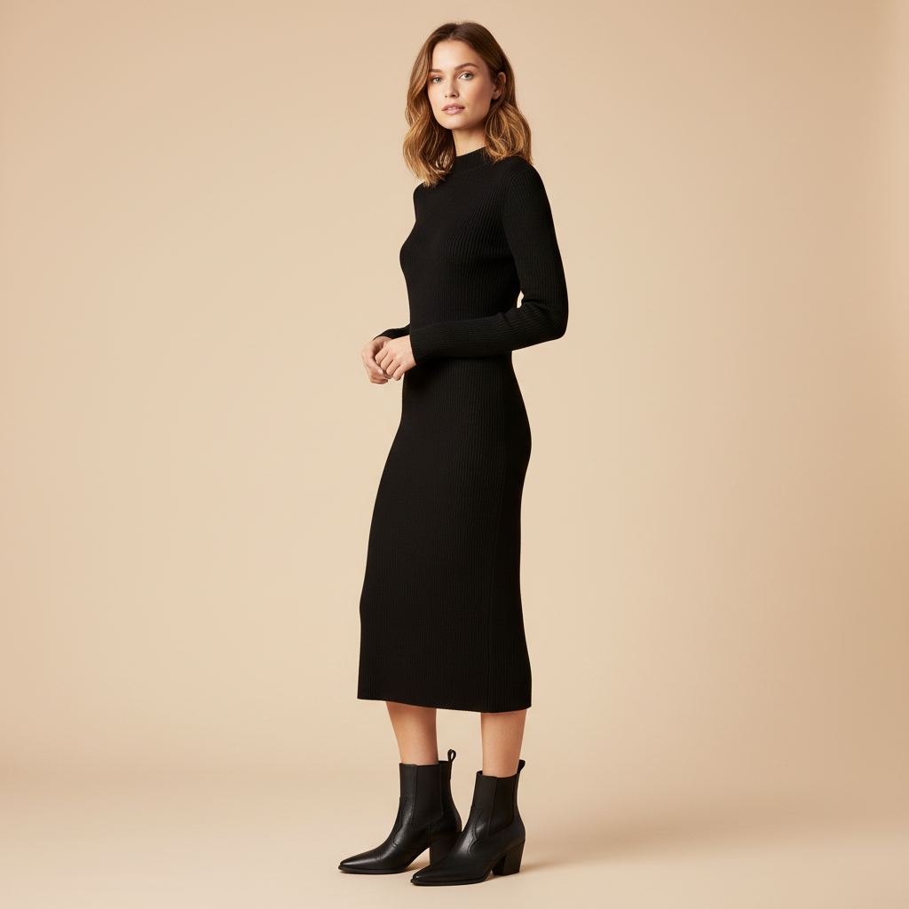 Bottines Chelsea noires - Look robe pull élégante