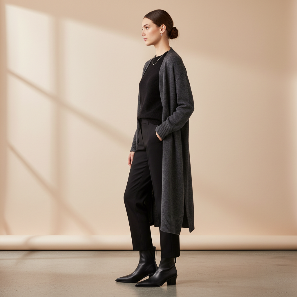 Bottines - Look monochrome et long cardigan