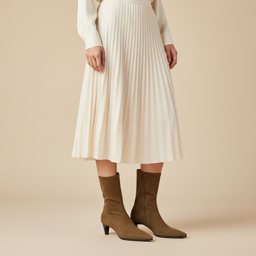 Bottines marron - Look jupe midi et blouse