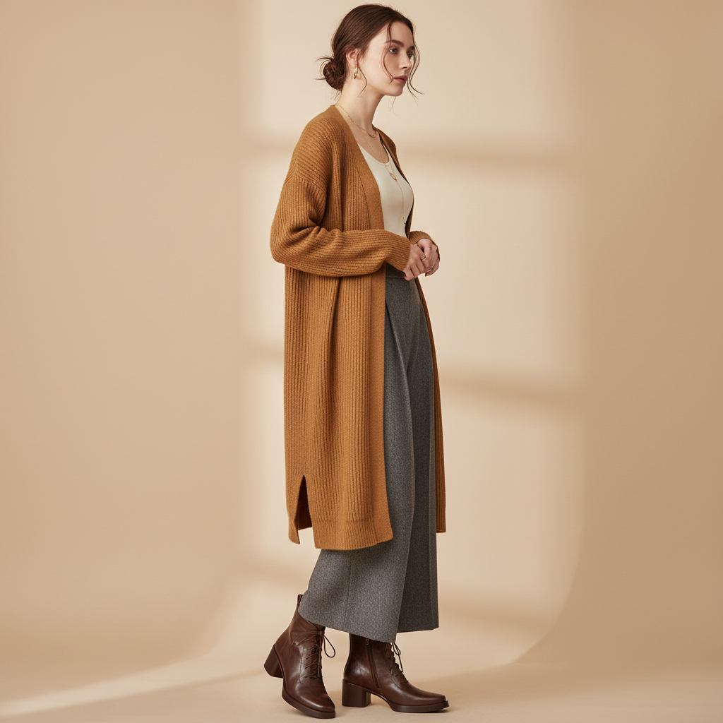 Bottines marron - Look pantalon large et cardigan
