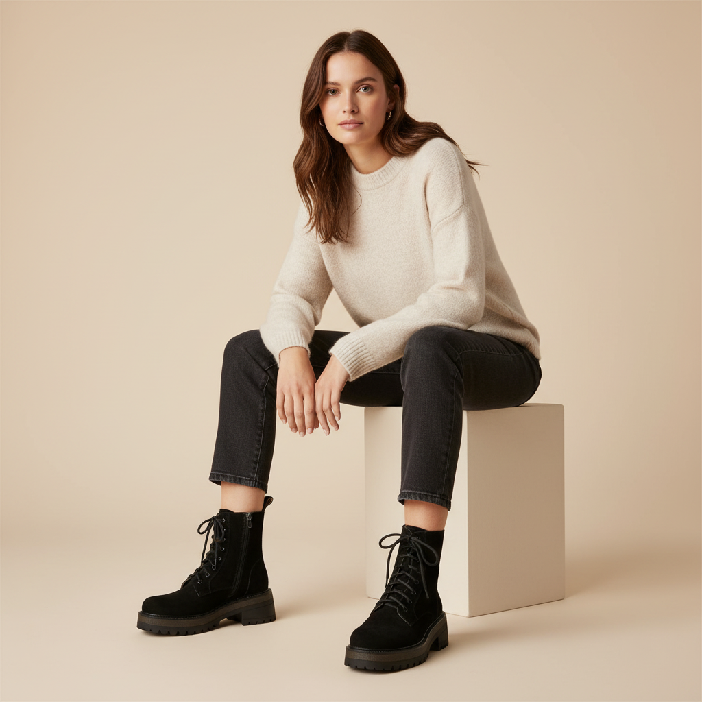 Bottines noires - femme assise