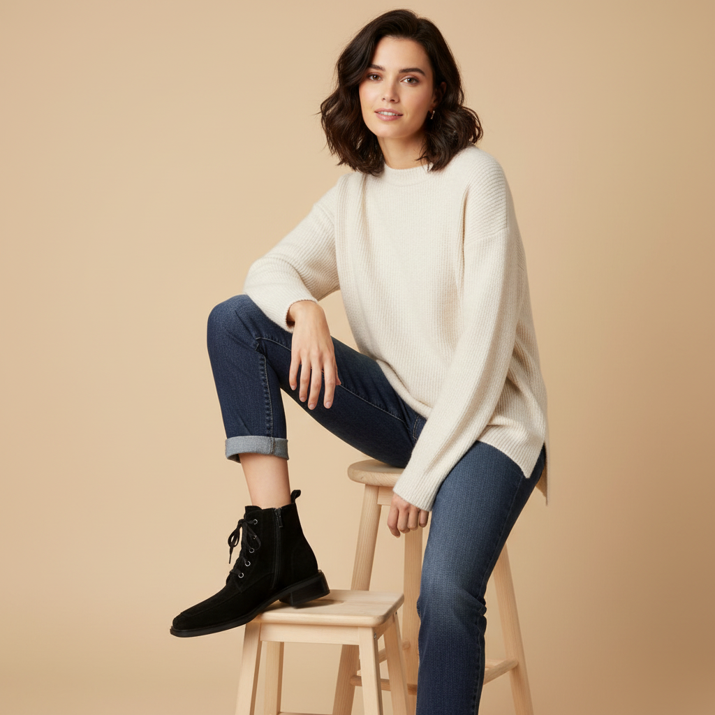 Bottines noires - femme assise