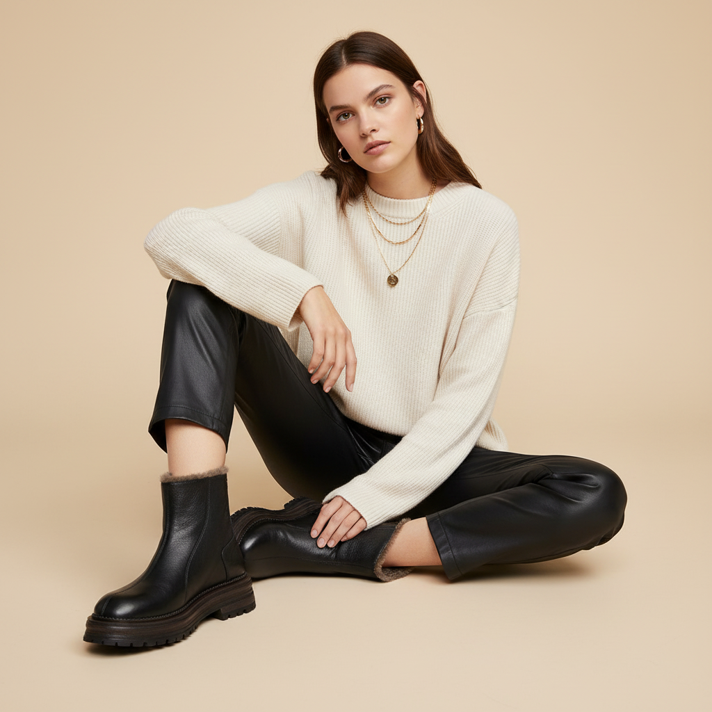 Bottines noires - femme assise