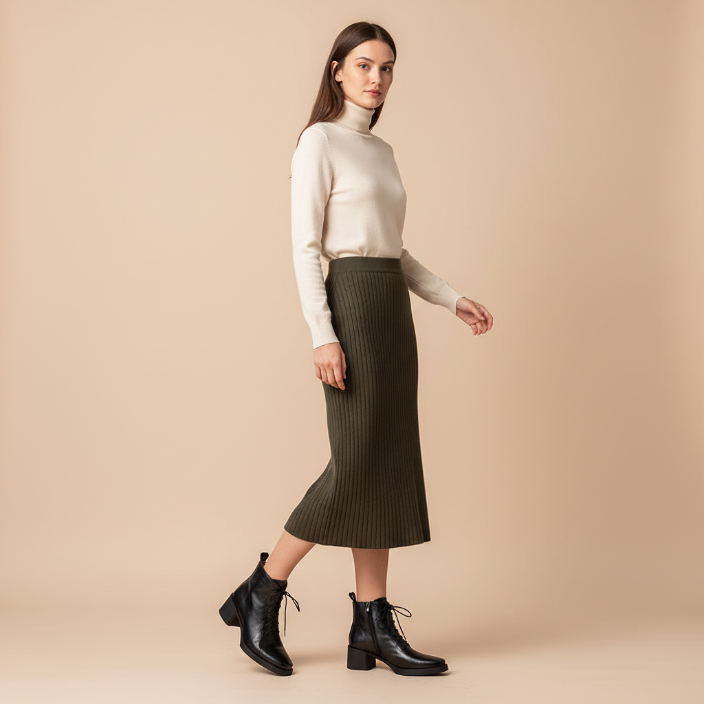 Bottines noires - Look jupe midi et col roulé