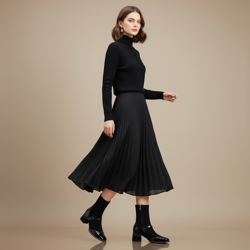 Bottines noires - Look jupe midi et col roulé