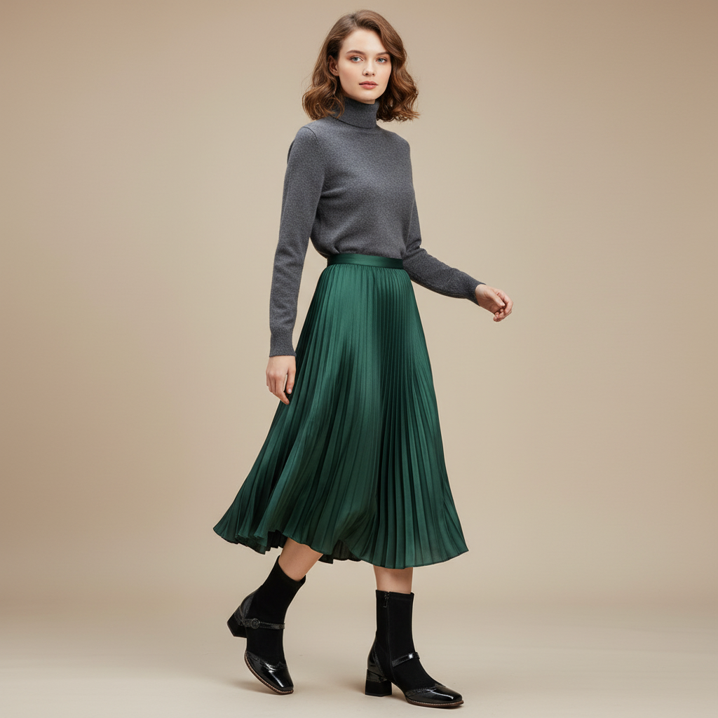 Bottines noires - Look jupe midi et col roulé