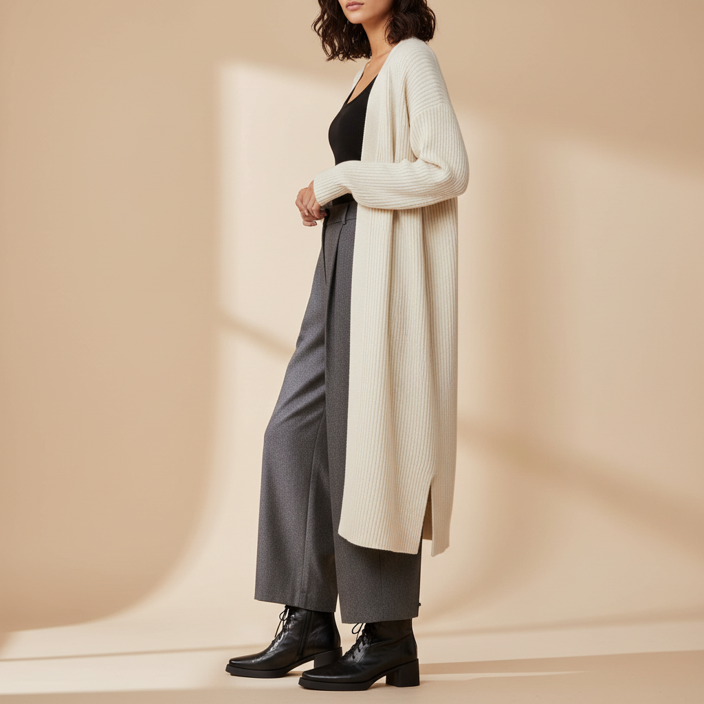 Bottines noires - Look pantalon large et cardigan