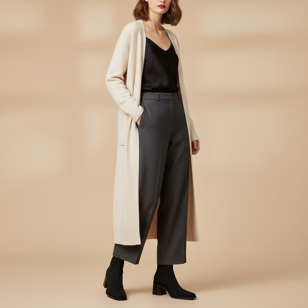 Bottines noires - Look pantalon large et cardigan