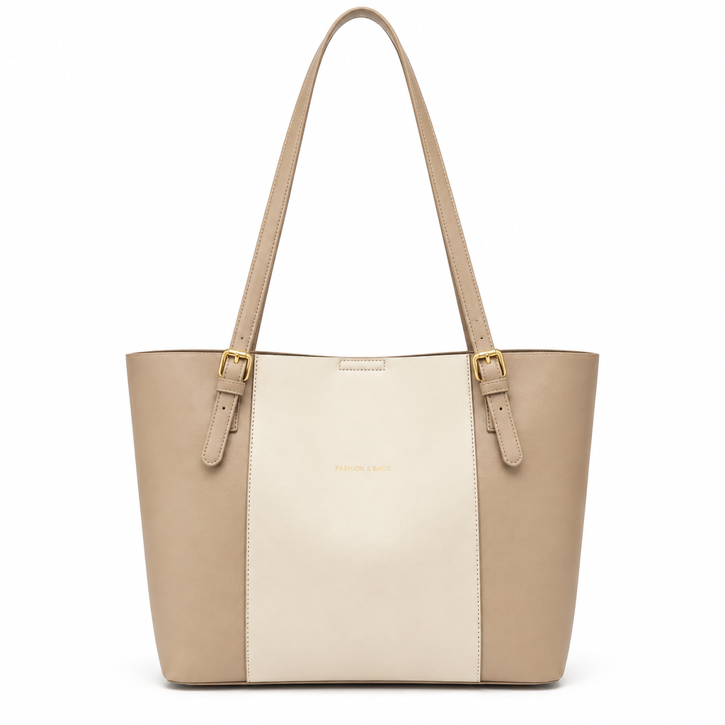 Cabas beige clair et taupe sur fond blanc