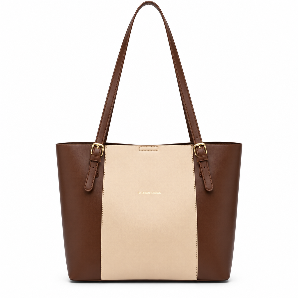 Cabas bicolore beige et marron sur fond blanc