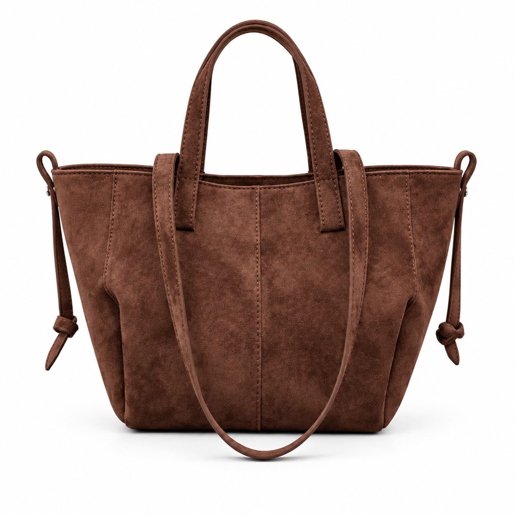 Cabas marron avec bandoulière sur fond blanc