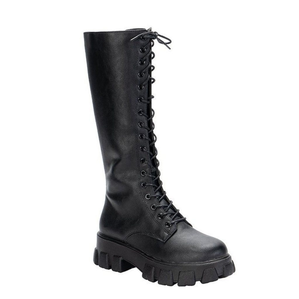 Bottes à lacets en similicuir hautes à talon semelle crantée bout rond – MARENÉA