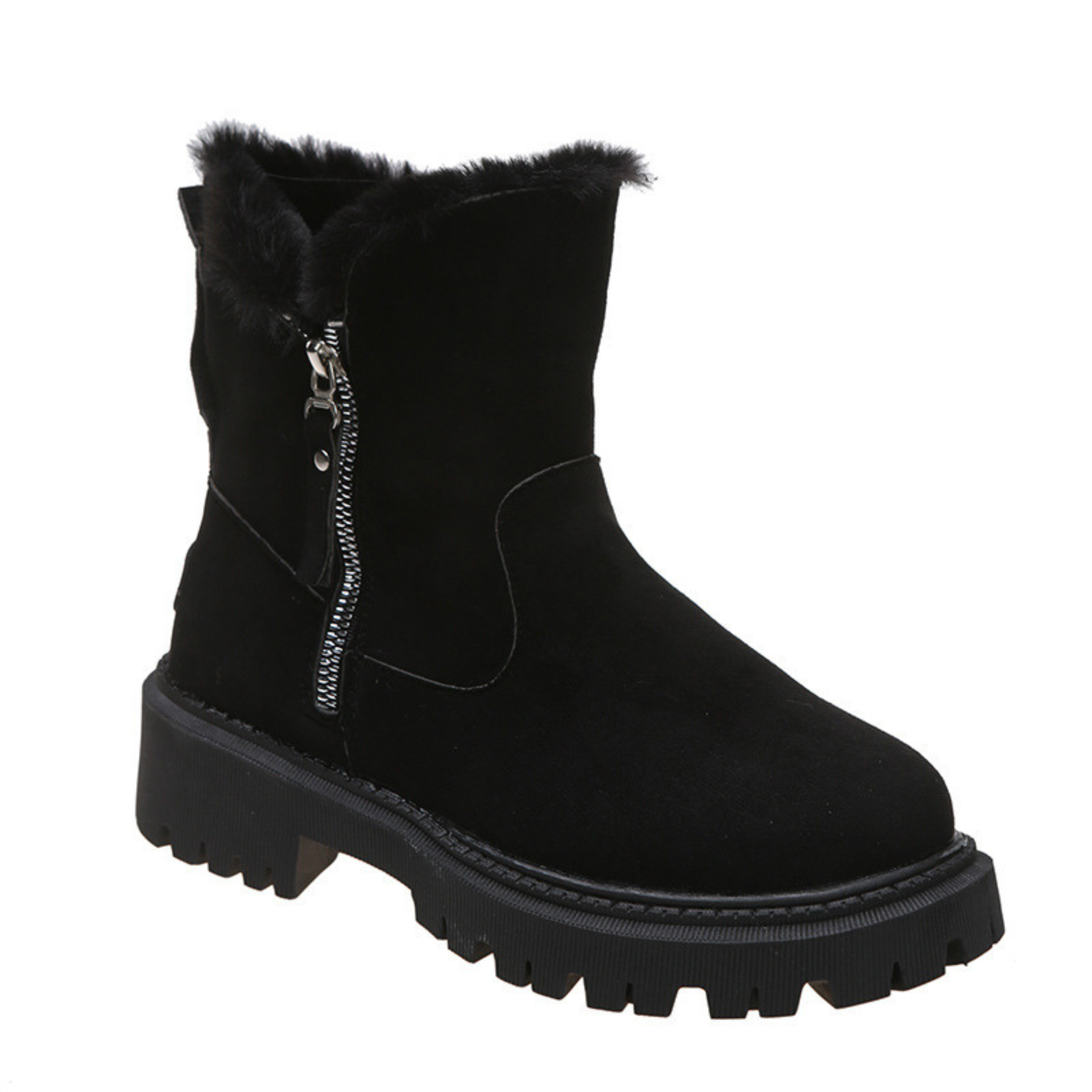 Bottines fourrées en daim vegan talon carré bout rond – LARIA