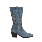 Santiags mi mollet en denim brodé à talon – LYNE