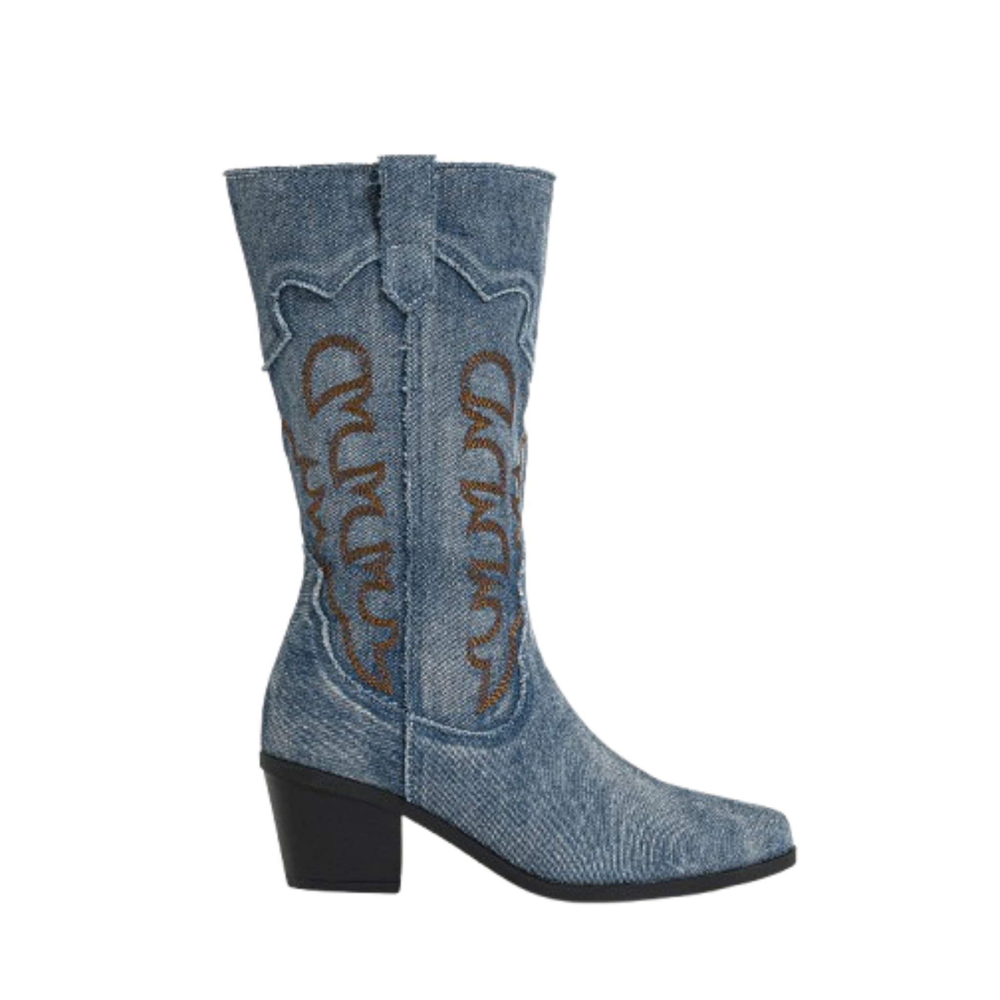 Santiags mi mollet en denim brodé à talon – LYNE