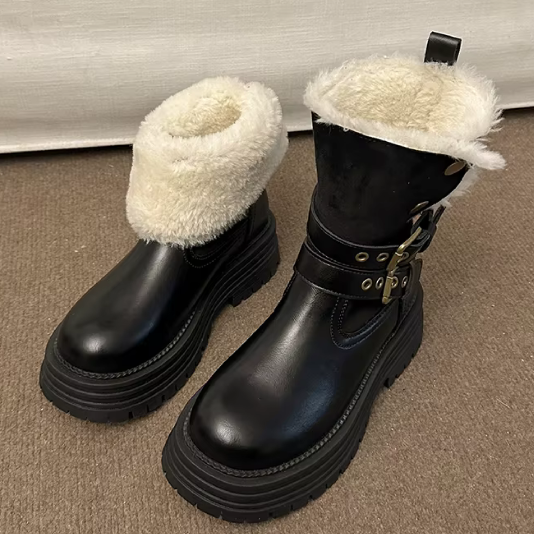 Bottines fourrées en similicuir talon carré sangle à boucle – GLARIA