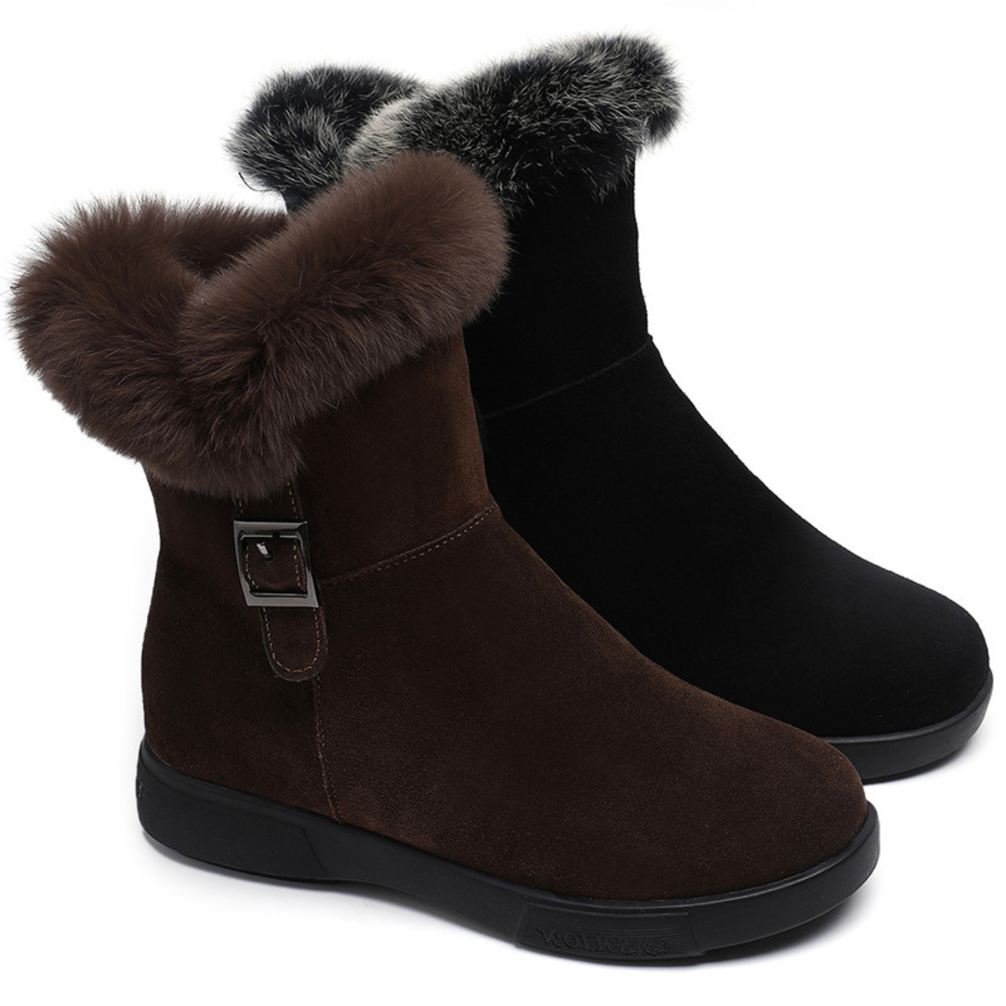 Bottines fourrées en daim vegan à talon plat bout rond – ÉMORIA