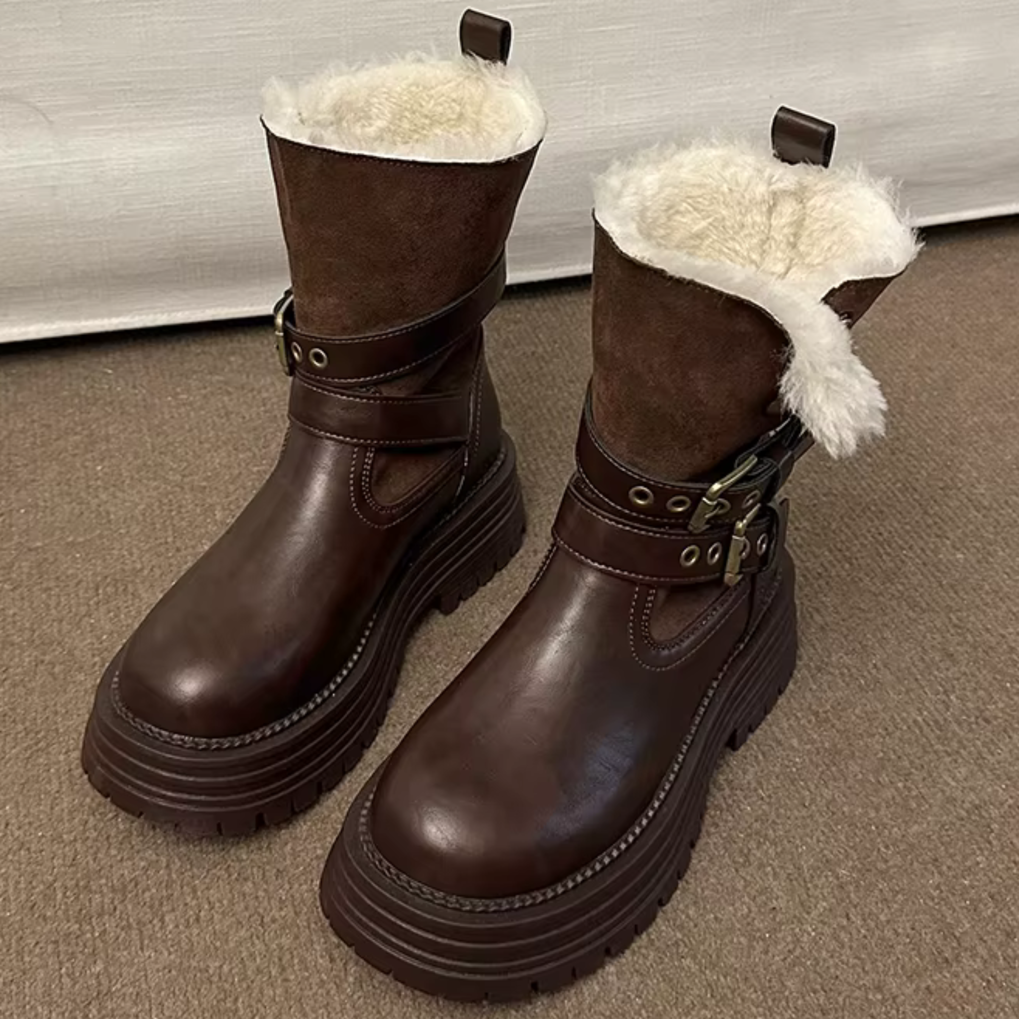 Bottines fourrées en similicuir talon carré sangle à boucle – GLARIA