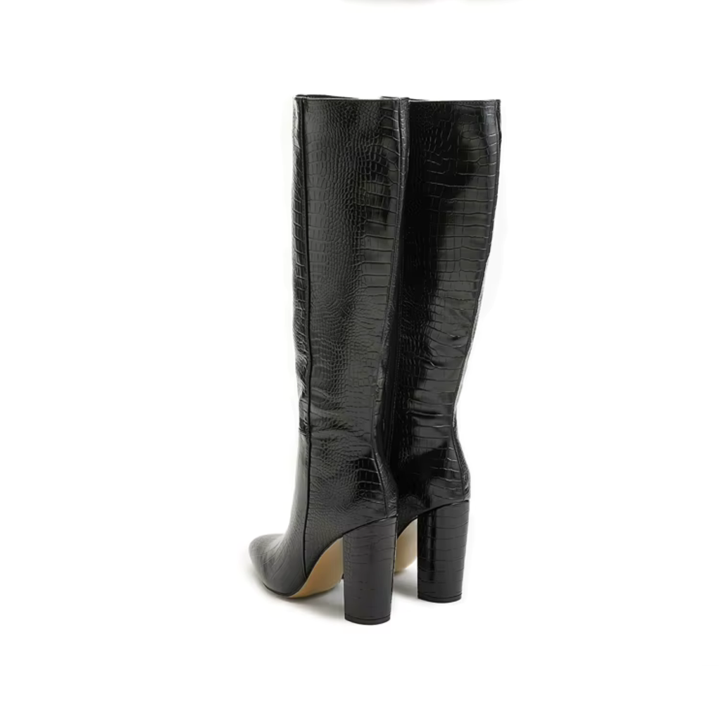 Bottes hautes croco en similicuir à semelle lisse bout pointu – LÉONIA