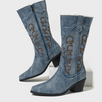 Santiags mi mollet en denim brodé à talon – LYNE