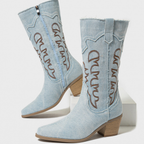 Santiags mi mollet en denim brodé à talon – LYNE