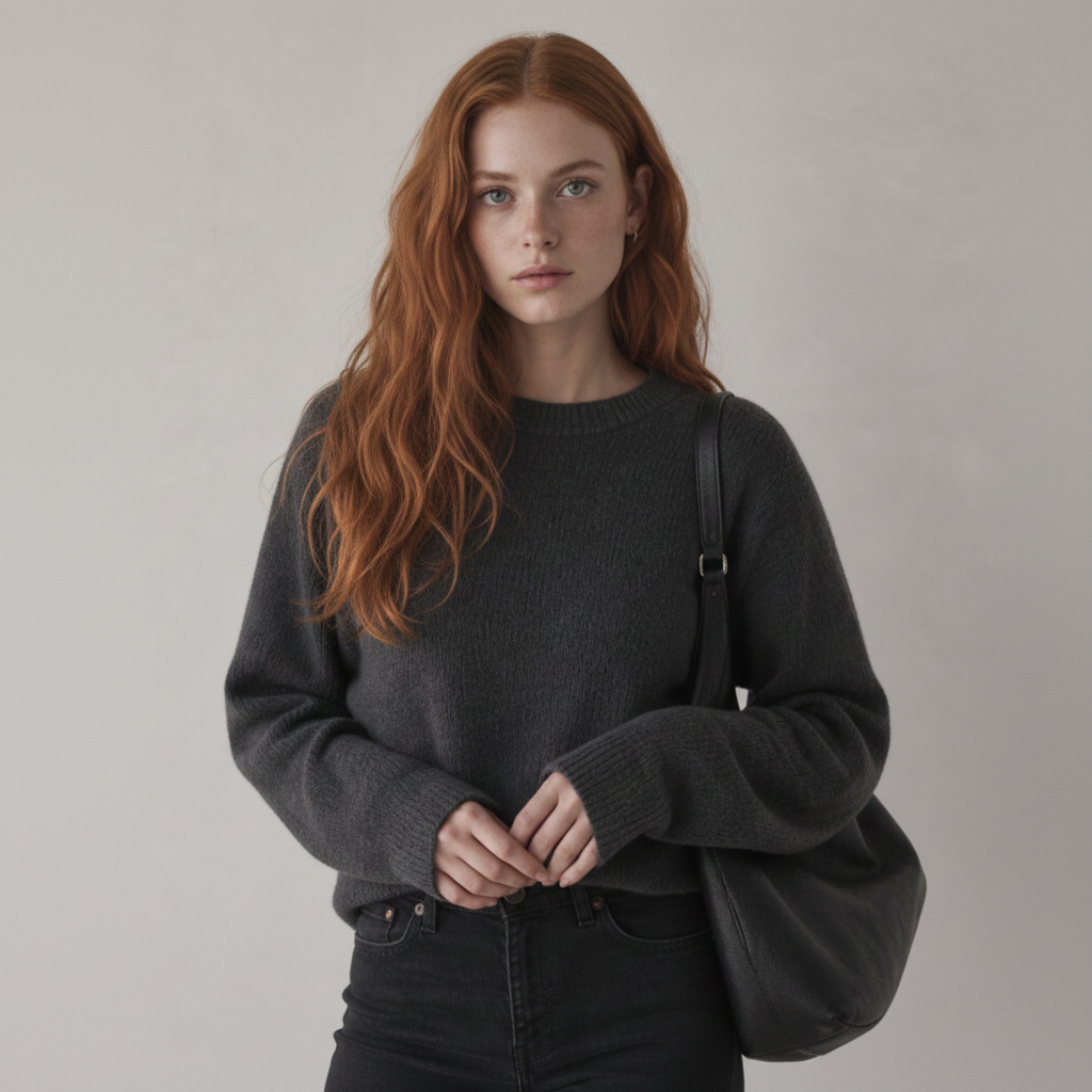 Face rousse yeux bleu-vert pull gris